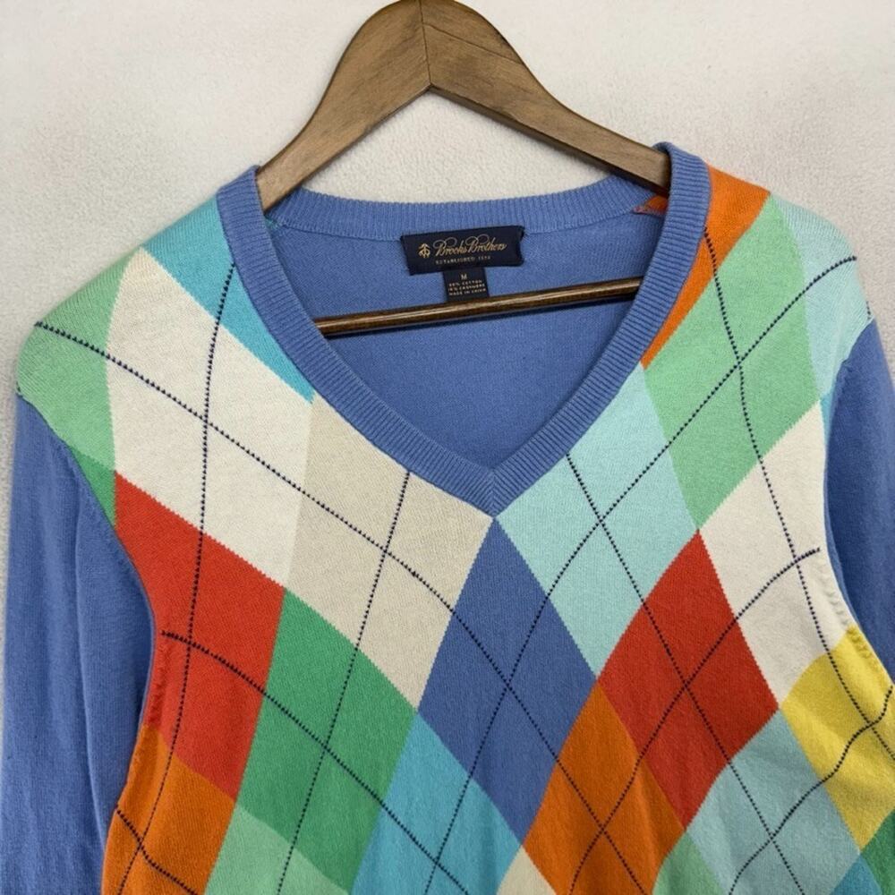 Brooks Brothers Sweater mens medium Blue Colorful Diamond Argyle Cashmere Cotton